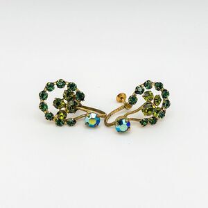 Vintage Austria Rhinestone Floral Earrings Green AB Gold Tone Screw Back